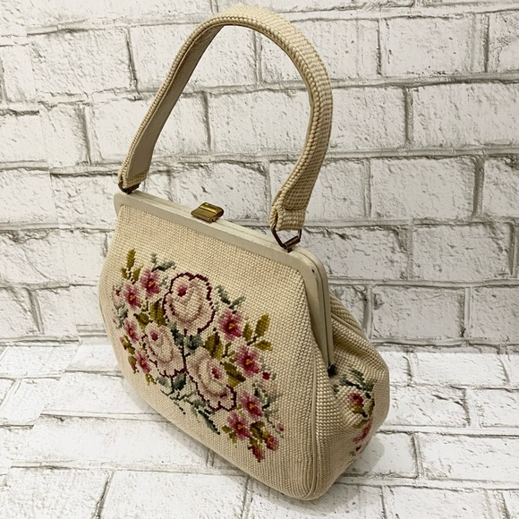 Vintage Beige Floral Needlepoint Clutch Handbag - Picture 6 of 16